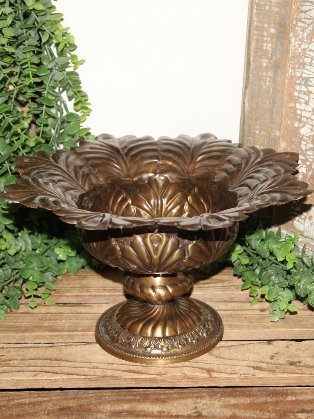 Ornate Vintage French Country Bronzed Metal & Iron Pedestal Compote Dish